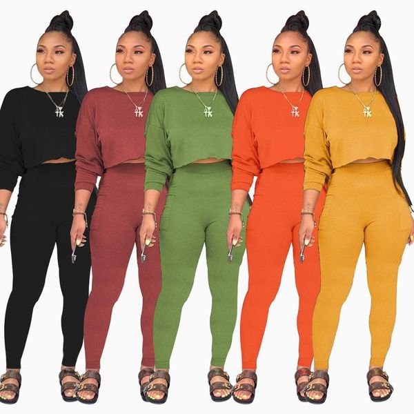 

casual women 2 pieces outfits solid long sleeve crop bodycon leggings pants tracksuit jogging suit1, Gray