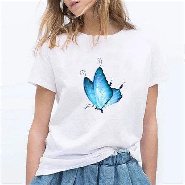 

butterfly print t shirt women short sleeve o neck loose tshirt women tee shirt female clothes camisetas mujer, White