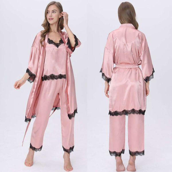 

2020 ice pajamas five piece lace satin silk robe suit night wear women, Black;red