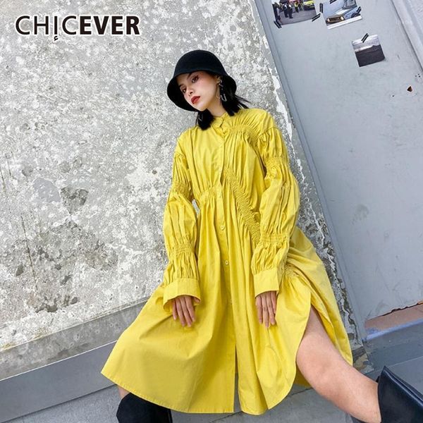 

chicever korean dress for women stand ciollar puff long sleeve ruched loose asymmetrical hem split dresses female 2020 clothing1, Black;gray