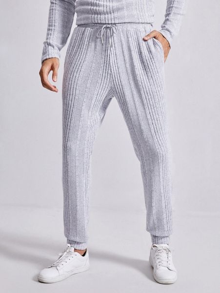 

men drawstring waist rib-knit joggers 17jj#, Black