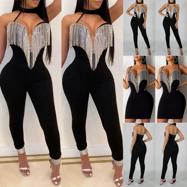 

women tassels jumpsuit romper spring autumn sleeveless v neck pants jumpsuit clubwear trousers outfit clothes for female, Black;white