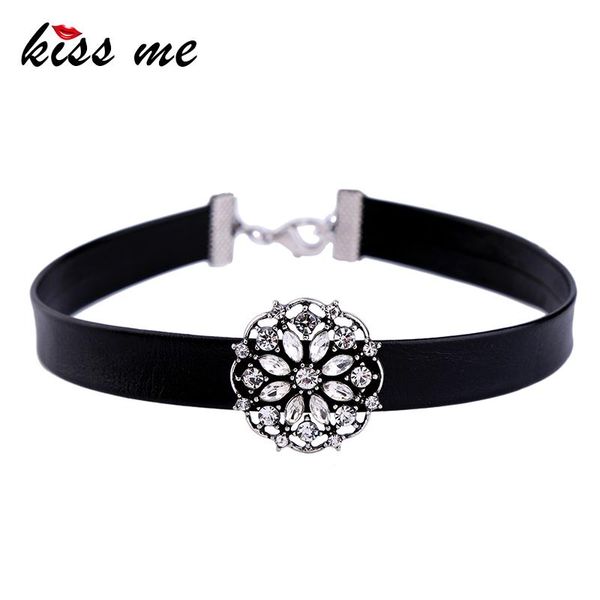 

kiss me black imitation leather choker crystal flowers necklace valentine's day brand jewelry women bijoux, Golden;silver