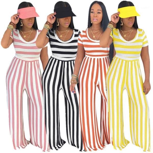 

p8395 cross border amazon quick sale of wish new european and american women's round neck stripe short sleeve wide leg one-piece1, Black;white
