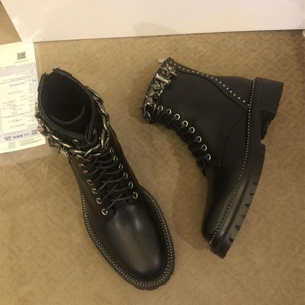 

boots shoes women winter mid calf metal decor genuine leather med heels platform zapatos de mujer, Black
