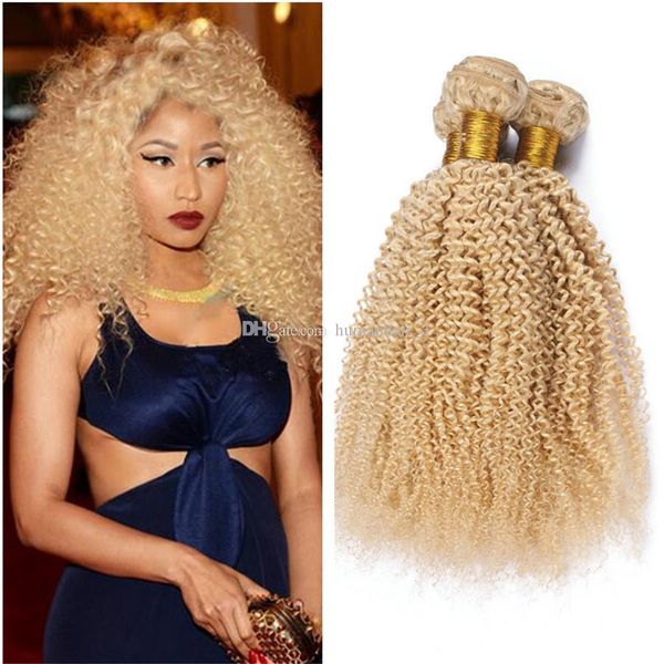 

afro kinky blonde brazilian human virgin hair bundles afro kinky curly unprocesss #613 bleached blonde hair extensions 3pcs lot hair wefts, Black;brown