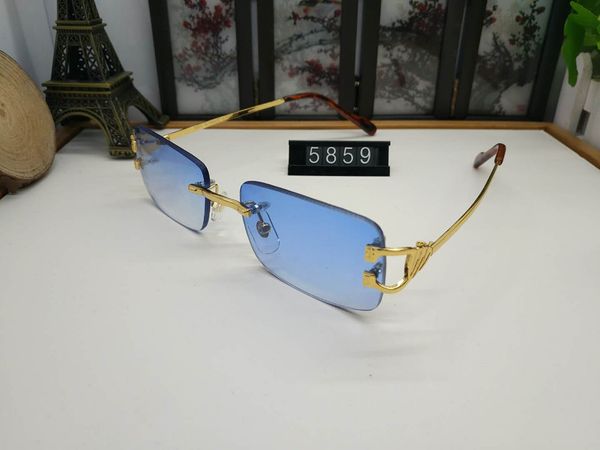 Erkek Kadın Tasarımcı Güneş Gözlüğü Erkek Çerçevesiz Kare Marka Patere Sunglass Altın Çizgili Metal Çerçeveleri Mavi Lens Gözlük Lüks Carti Gözlük Marka Eyelgasses