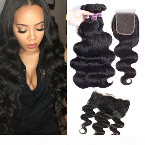 

10a virgin brazilian human hair weave bundles with frontal unprocessed body wave bundles remy hair extensions, Black