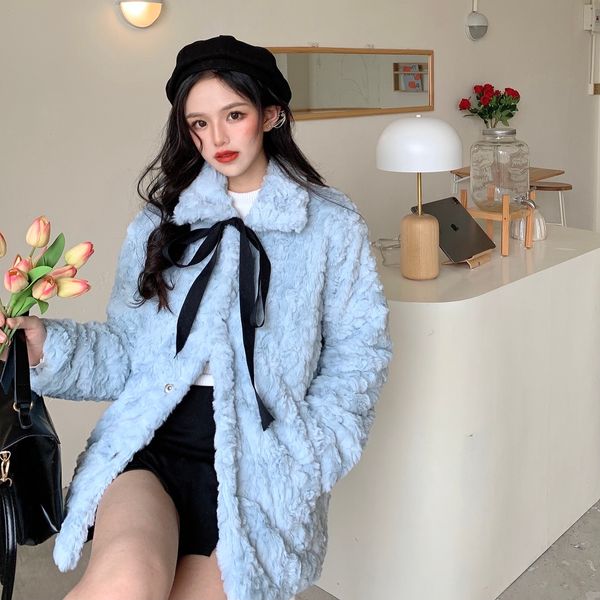 

autumn and winter bow thickened plush coat soft waxy, Black