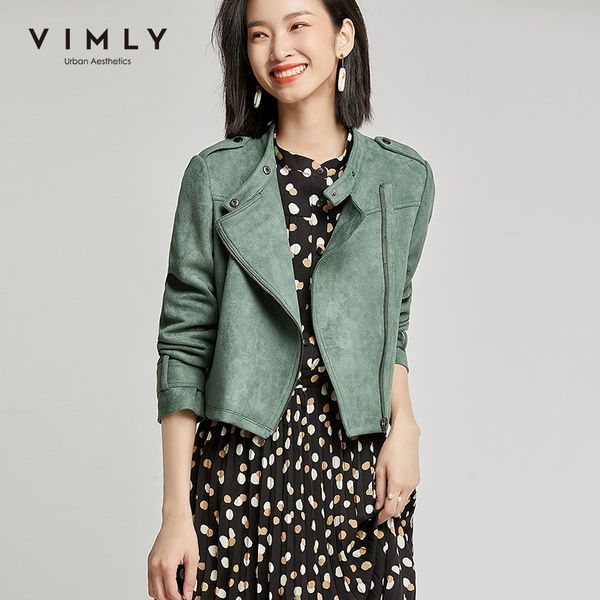 

vimly streetwear women jacket spring autumn fashion stand collar zipper solid pockets slim casual female short overcoat f3591 201112, Black;brown