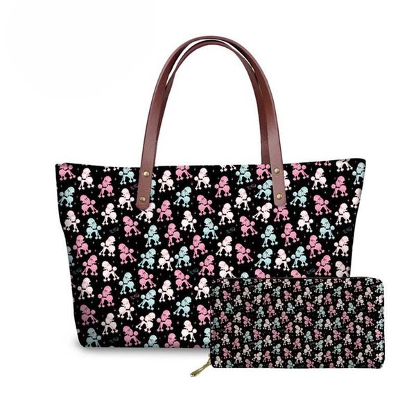 

noisydesigns 2pcs/set women handbags poodle printing shoulder messenger bags for females travel hand bag ladies handle bags