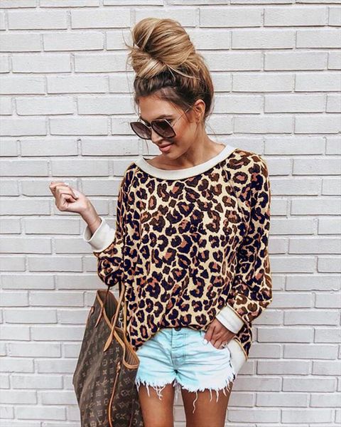 

spring autumn leopard pullovers hoodies casual long sleeve blouse outerwear sweatshirts thin loose shirts ladies pullovers, Black