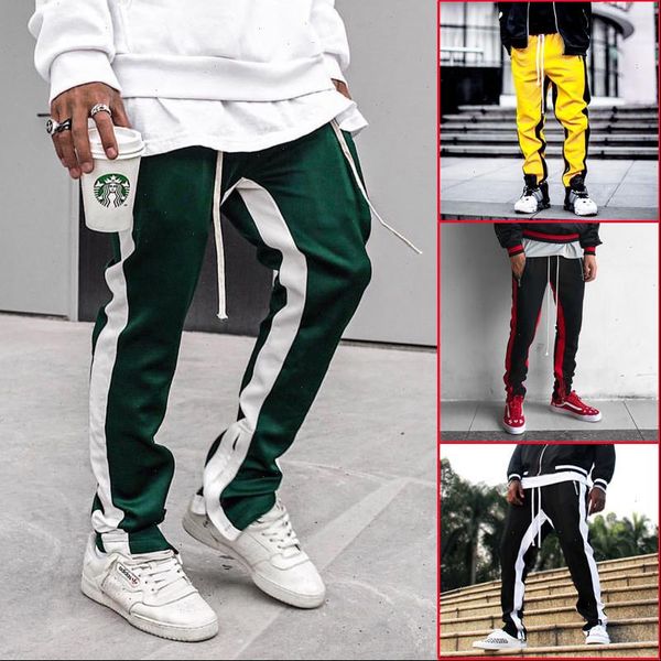 

new arrival western street stylish fashion casual color patchwork mens sweatpants zipper pockets slim track pants streetwear, Black