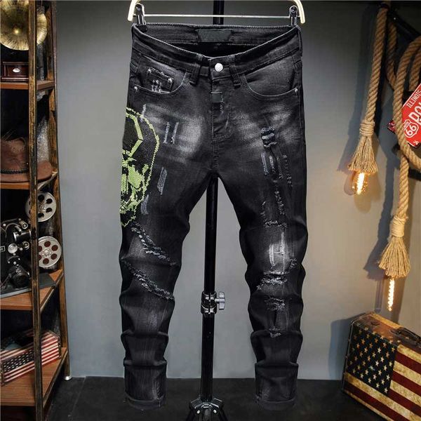 

Fashion Mens Jeans 2020 Hot Autumn Winter Men Clothing Punk Style Green Hot Drilling Holes Grind White Black Casual Pants Size : 29-38