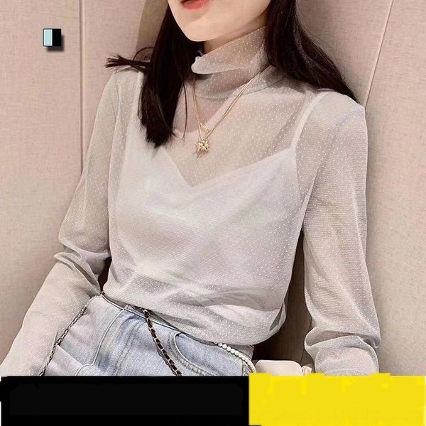 

o5pss professional amashite counter women's clothing new high collar long t-shirt sleeve round dot t-shirt bottoming spring perspective, White