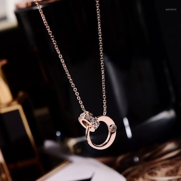 

yun ruo rose gold color double circle zircon pendant necklace fashion titanium steel jewelry woman gift never fade drop shipping1, Silver