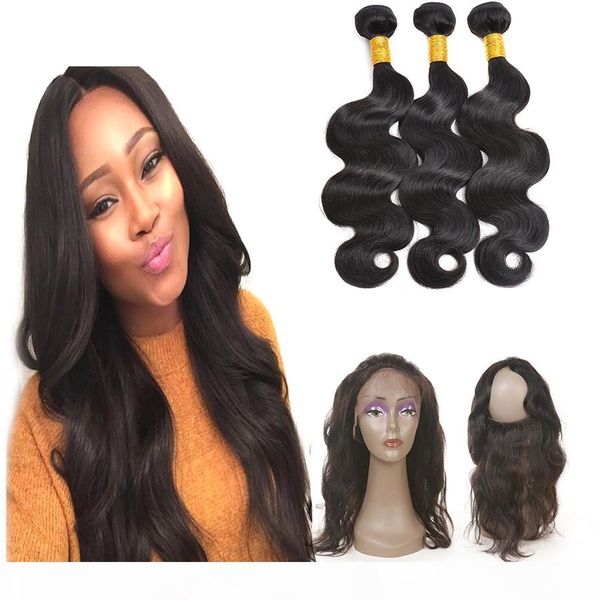 

brazilian 360 body wave lace frontal closure with hair bundle 2 3 pcs hair extensions with 1 pcs 360 lace closure human hair weaves wefts, Black;brown