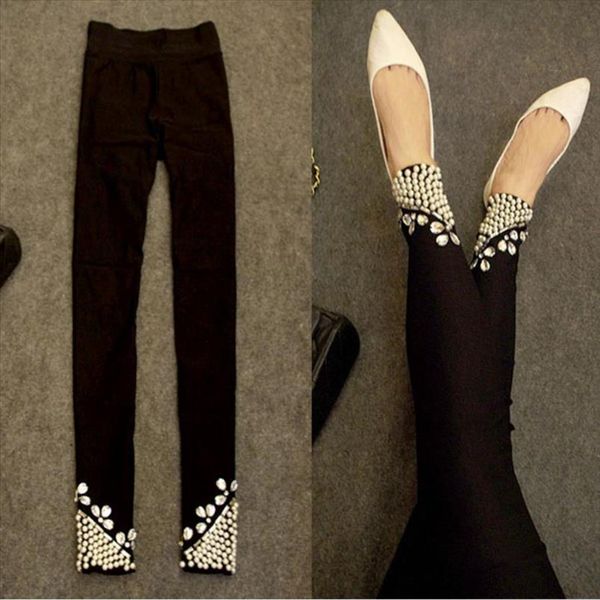 

spring autumn new women skinny beading diamonds pearl stretch leggings pencil pants drop shipping good quality, Black