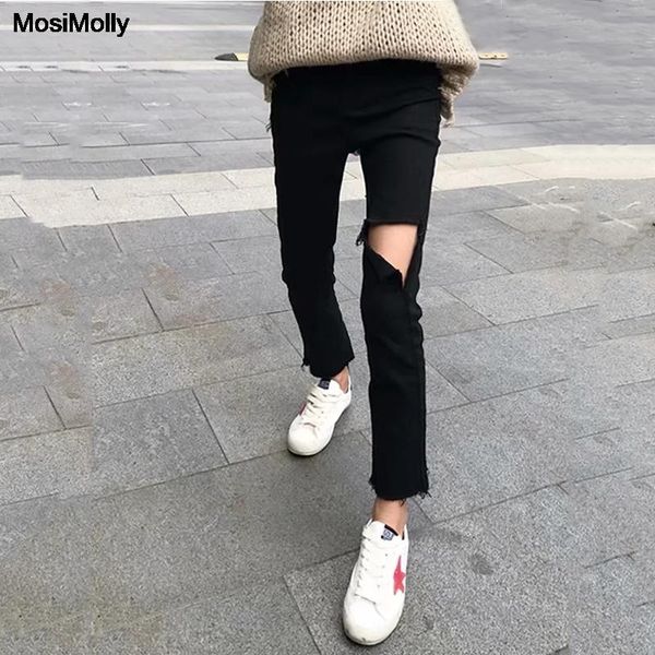 

mosimolly ripped black jeans pants women black denim jeans long pants bottom cool 2020, Blue