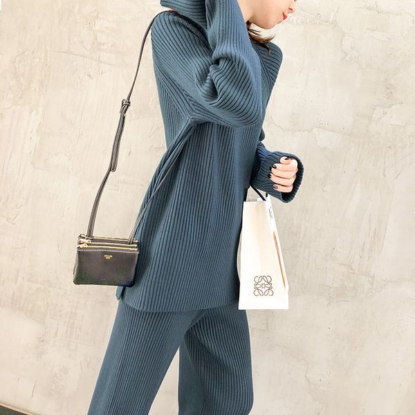 

2021 2 feminine pieces set of solid o-neck split in a pit knitting pullover nightgown long elastic waistband women's pants suit 9qve, Gray