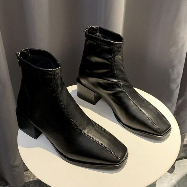

winter 2020 boots women shoes woman ankle boots square toe mid heels ladies fashion zipper leather, Black