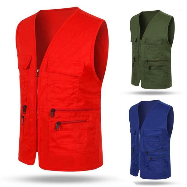 

multi-pocket solid color waistcoat work fishing pgraphy vest jacket1, Black;white