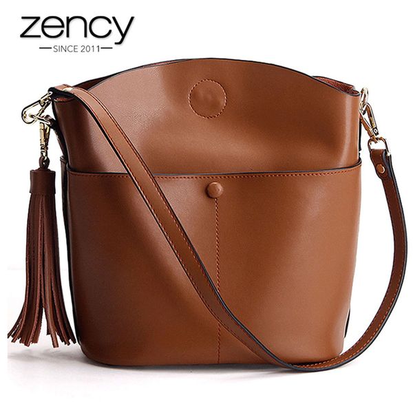 

zency 100% genuine leather retro brown women shoulder bag with tassel fashion lady crossbody messenger purse black handbag