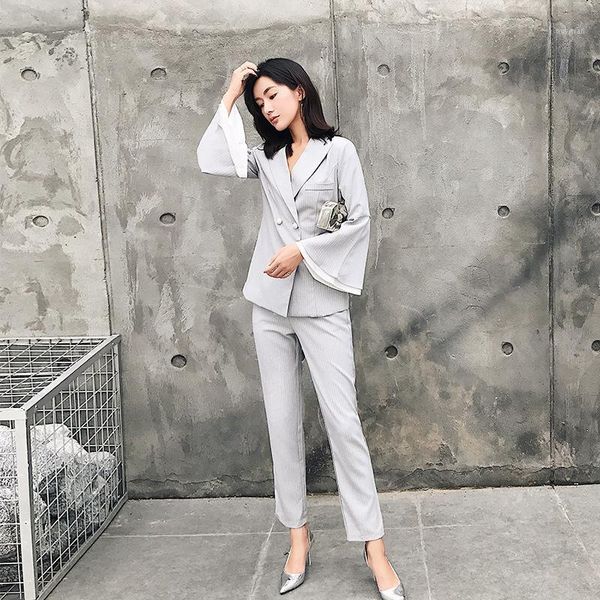 

suit female 2020 autumn temperament casual trumpet sleeves striped fashion small suit jacket + feet pants elegant two-piece1, White