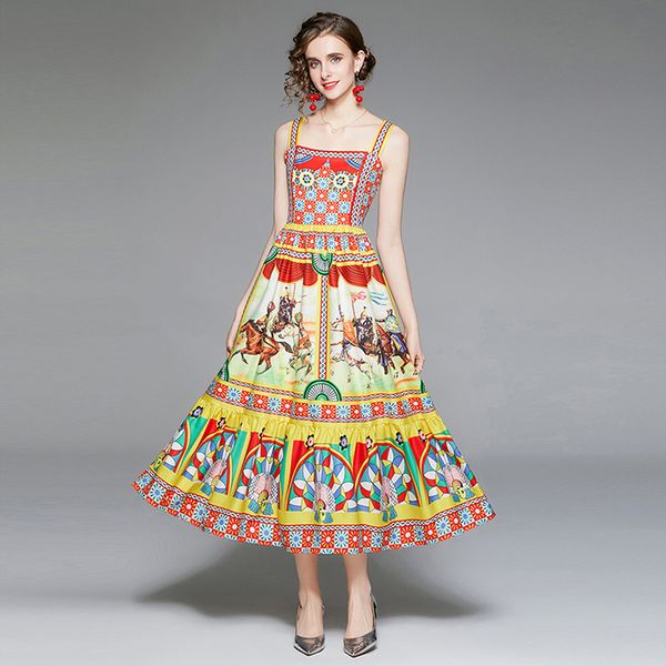 

100% polyester women bohemian dress 2022 summer new beach holiday printing vestidos spaghetti strap expansion dresses, Black;gray