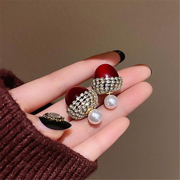 

fyuan korean style cherry rhinestones stud earrings for women pearl double sided earrings party jewelry gifts, Golden;silver