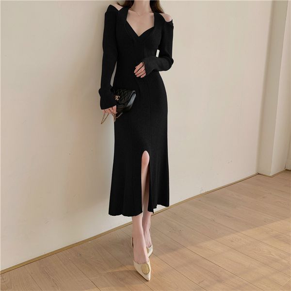 

2021 elegant mesh for the women fall long sleeve tight split midi new fashion halter dress atxv, Black;gray