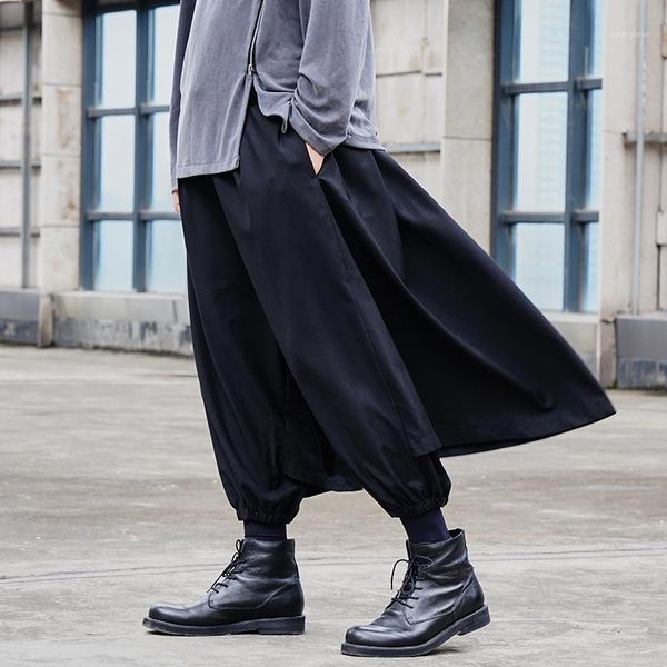 

men's nine minute trousers spring/summer yamamoto style fake 2 pieces culottes men's small foot trousers loose haren1, Black