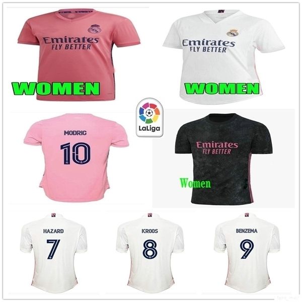 

woman real madrid soccer jerseys hazard vinicius jr jovic modric asensio kroos varane custom 20 21 home away women lady girl football shirt, Black;yellow