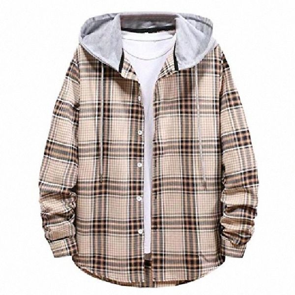 

frieed men's casual relaxed fit drawstring button down plaid print long sleeve hooded checkered shirt khaki s 80ek#, White;black