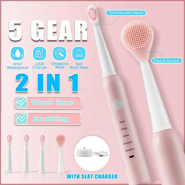

5mode powerful ultrasonic clean face electric toothbrush usb charging base electronic brush replacement head set
