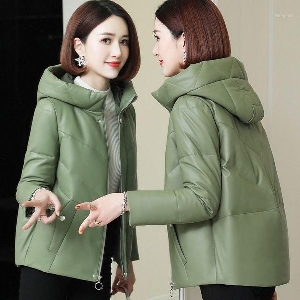 

women 2020 winter solid pu leather parkas female fashion high imitation leather coats hooded thick cotton warm outerwear y7801, Black