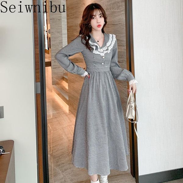 

2021 spring autumn korean vintage lace patchwork houndstooth dress long sleeve tweed mid-calf dresses elegant ladies vestidos, Black;gray