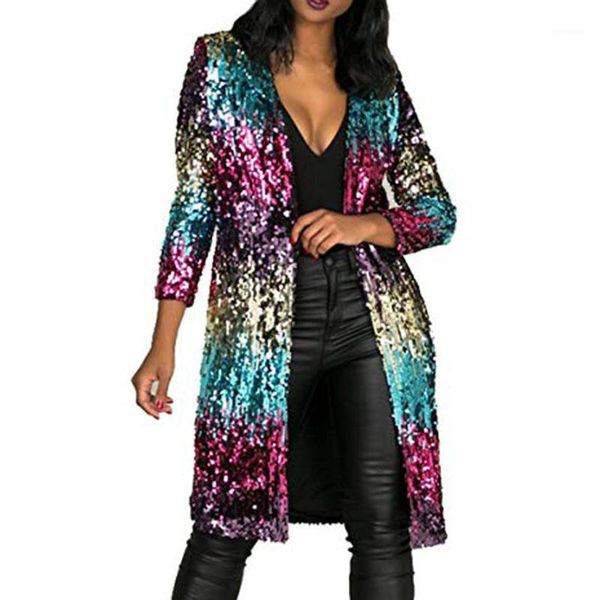

klv 2019 fashion women's autumn cover up long sleeve sequins metallic open front cardigan coat 1161, Black;brown
