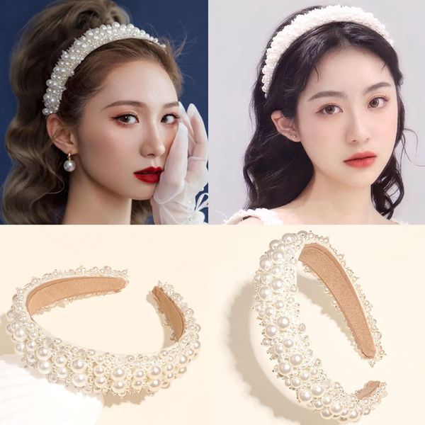 

new pearl hairband handmade crystal beaded headband hairpin temperament fashionable wide brimmed headdress