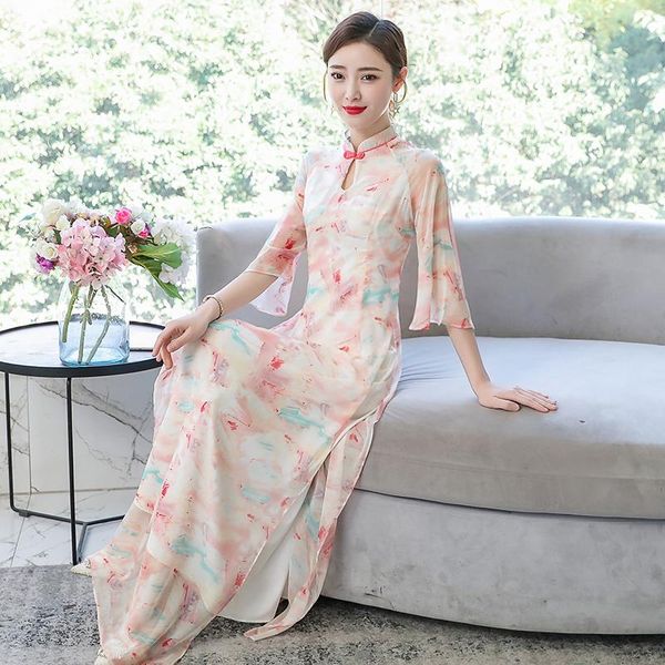 

ethnic clothing summer print chiffon qipao long vietnam aodai dresses, Red