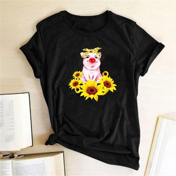 

funny pig sunflower print women t-shirt casual short sleeve femme t-shirts women clothes harajuku graphic tee mujer camisetas, White