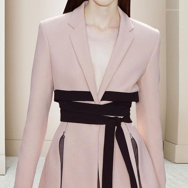 

work dresses 2021 runway designer long sleeve women blazer elegant sash belt office ladies v-neck party dress suits 2 piece vestido1, White;black