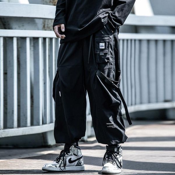 

harajuku hip hop function autumn pants men's clothes loose belt beam foot trousers popular ribbon overalls overalls michalkova, Black