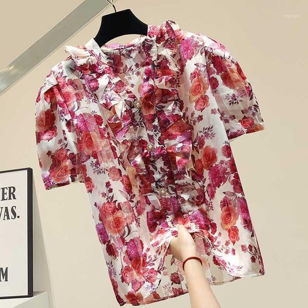 

women shirt flower print v-neck chiffon shirt women's new 2020 design summer blouse short sleeve all-match lady blusas1, White