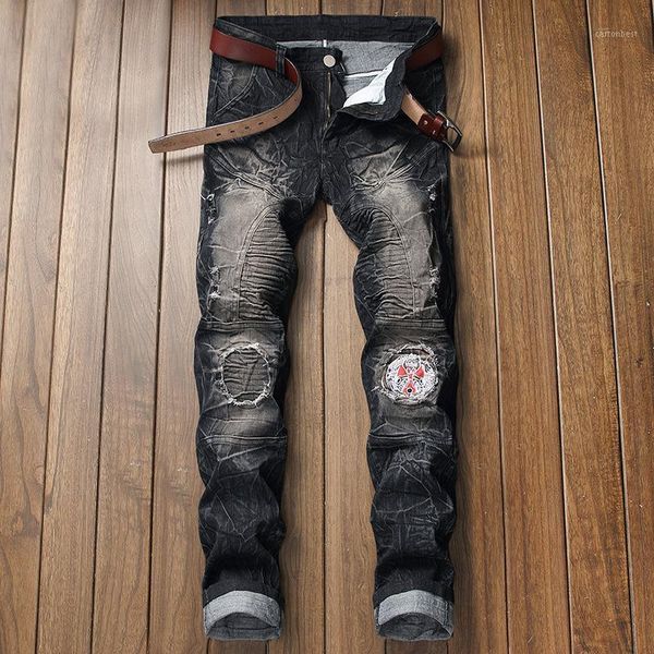 

men's jeans slim and hole-breaking locomotive trousers black biker straight denim pants distressed trousers1, Blue