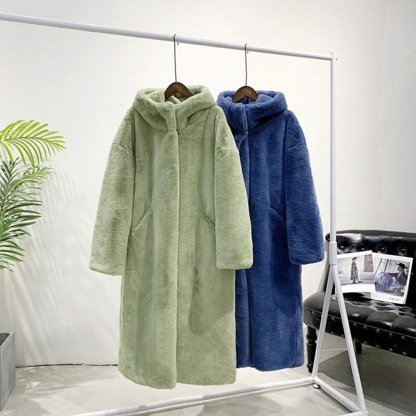 

women's fur & faux 2021 winter coat imitation long hooded loose thick artificial fashion trend a210, Black