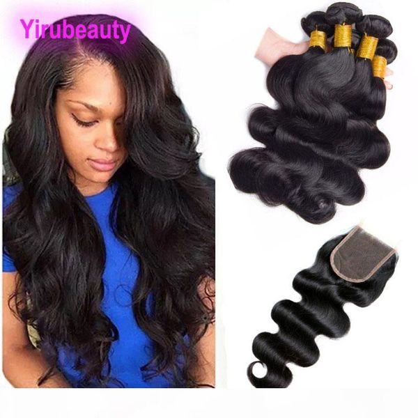 

indian bundles with baby hair lace closure 4x4 human hair body wave virgin hair natural color, Black;brown