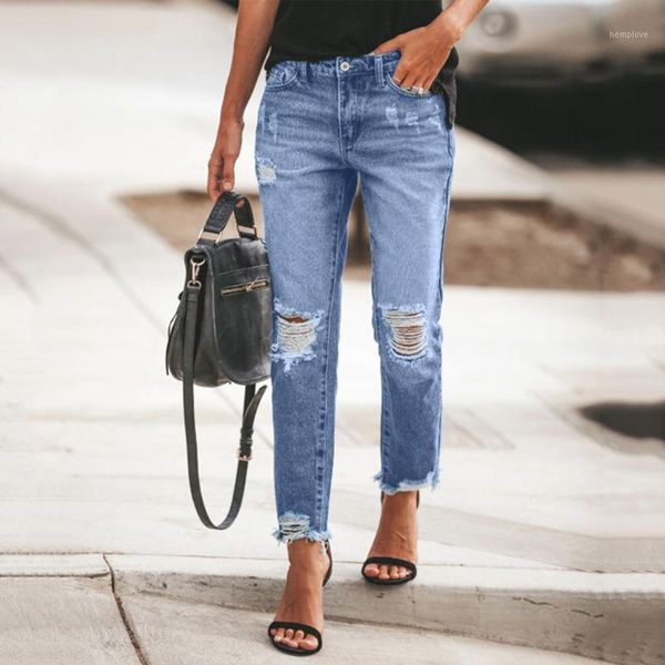 

2020 fashion hole ripped jeans women destroyed cool denim mid waist skinny jeans pants summer slim pencil dropship a1, Blue