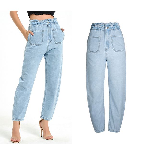 

2020 cross border new elastic waistline women's breech breeches high waist loose long leg briun pants from daddy's spring w1py, Blue