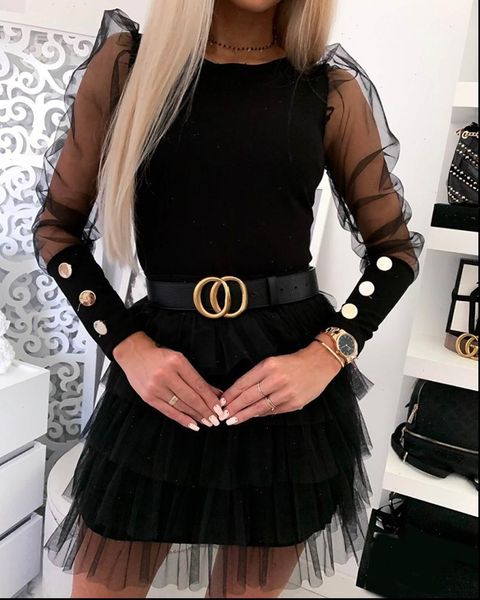

2021 brand new women slim bottoming shirts buttons cuff mesh sleeve solid fashion female puff shoulder o neck shirts, White